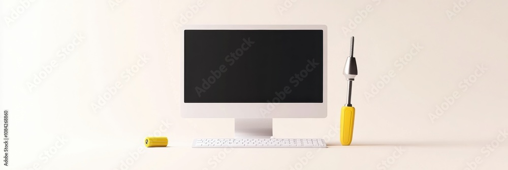Leinwandbilder a computer monitor sits alongside a keyboard and a yellow screwdriver, illustrating a diy approach t