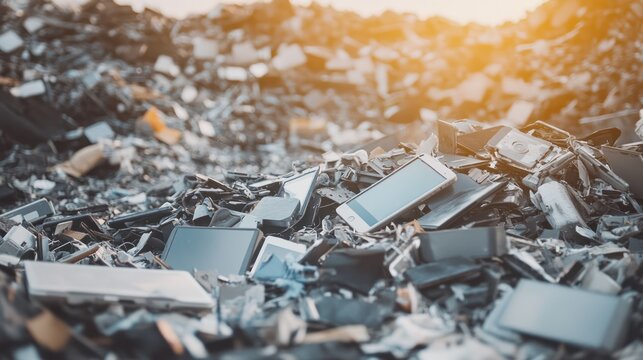 E-Waste Mountain with Obsolete Gadgets, Reflecting Environmental Impact of Outdated Technology