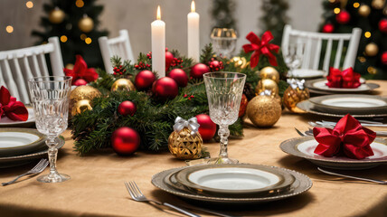 Christmas holidays table setting concept wine glasses and tableware for festive dinner at home