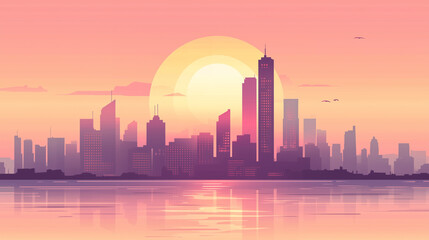 Obraz premium Modern City Skyline at Sunset with Reflection on Water - Minimalist Pastel Cityscape Illustration