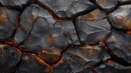 A detailed close up image showcasing a textured surface of dark  cracked volcanic rocks with glowing orange lava seeping through the fissures
