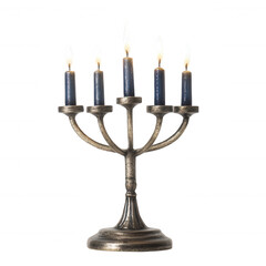 Fototapeta premium A beautifully crafted silver candelabrum with five blue candles, illuminating elegance., isolated on a transparent background.