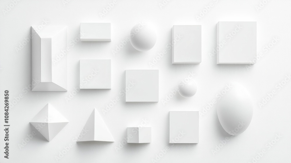 Poster geometric shapes, d objects, minimalistic design a collection of white geometric forms including cub