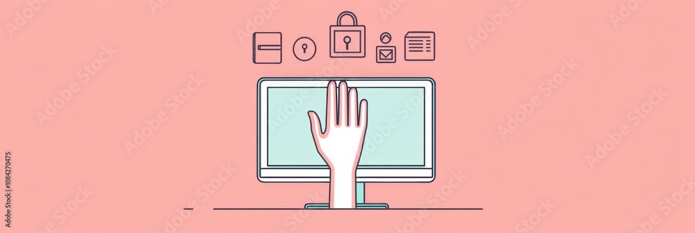Leinwandbilder A hand extends towards a computer screen filled with various security and settings icons, suggesting digital interaction and control. Generative AI