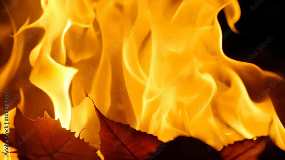 Poster camera zooms in on dry leaves ignited by a spark, creating a fiery explosion in warm, firelight, usi