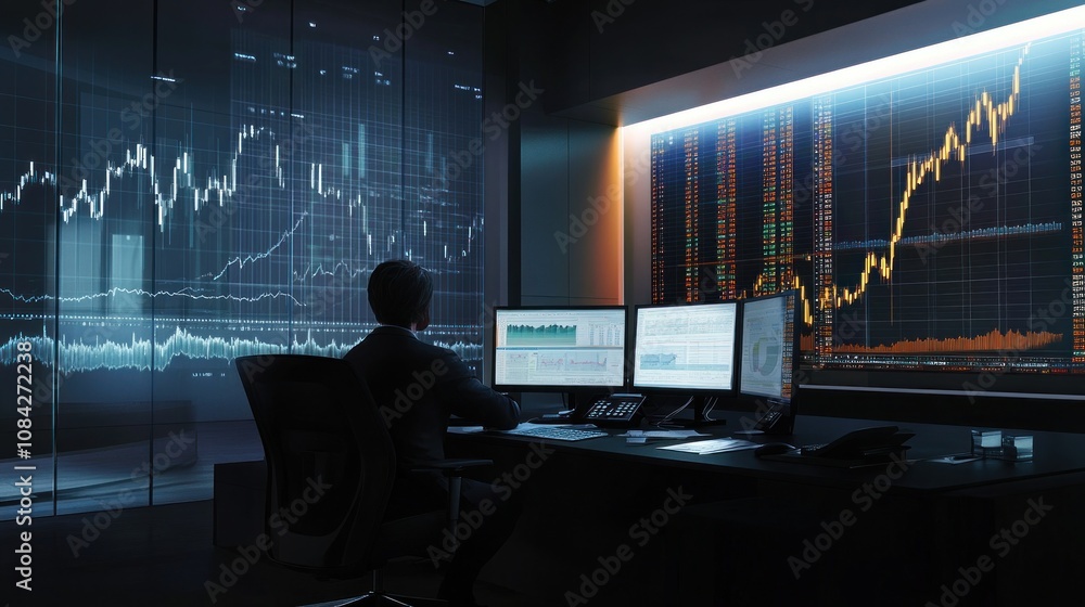 Poster a person analyzing financial data on multiple screens in a modern office setting.