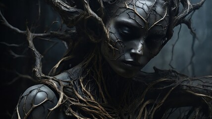 A woman with branches and twigs covering her face and body, her eyes closed.