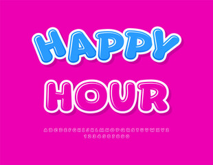 Vector promo poster Happy Hour. Glossy Pink Font. Comic style Alphabet Letters and Numbers set.