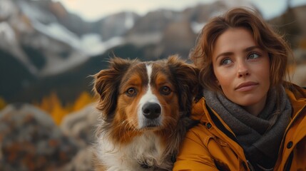 Young woman with a border collie in a serene autumn mountain setting