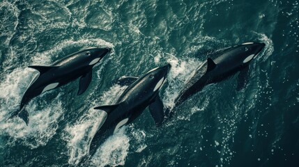 Obraz premium Three Orcas Swimming Through Blue Water