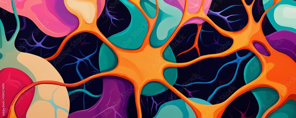 Poster a vibrant and colorful abstract representation of neurons and brain cells on a dark background, show