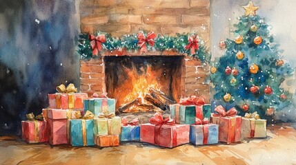 Fototapeta premium A cozy Christmas scene with a fireplace, decorated tree, and wrapped gifts.