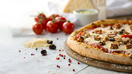 Close-Up Pizza Crust with Toppings on Elegant Textured Background