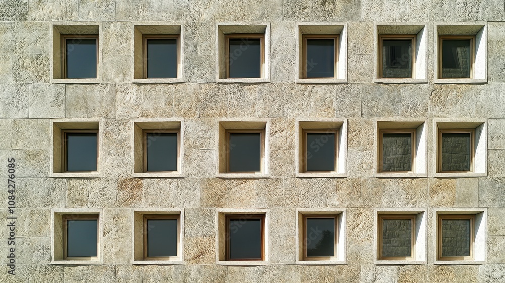 Poster detailed architectural facade with textured stone elements and symmetrical window arrangement in a m