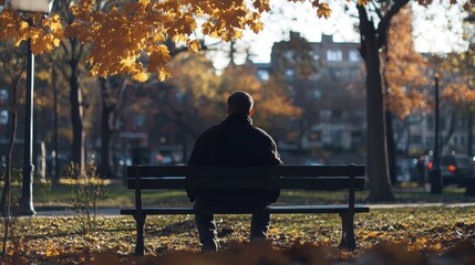A solitary man sits slouched on a park bench surrounded by autumn foliage, reflecting on life in a peaceful, serene environment capturing the essence of quiet contemplation.