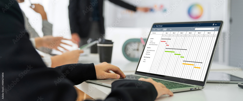 Poster project planning software for modish business project management on the computer screen showing time
