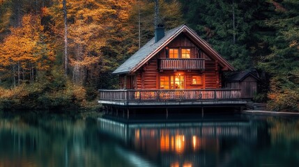 Obraz premium Lakeside cabin with a wooden deck, reflection of the house on the water, cozy lighting 