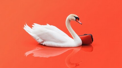 Obraz premium Elegant Swan Swimming Gracefully with a Red Travel Bag, Showcasing the Perfect Blend of Nature and Style on a Vibrant Orange Background