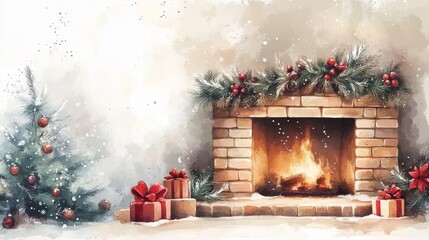 A cozy fireplace scene decorated for the holidays with gifts and a Christmas tree.