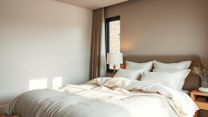 A cozy and inviting bedroom with soft, neutral colors, plush bedding, and a large window letting in natural light, large window, bedroom