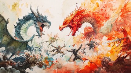 Epic Watercolor Painting Depicting a Dramatic Battle Scene with Dragons Clashing in Vivid Colors and Intense Action in Fantasy Landscape