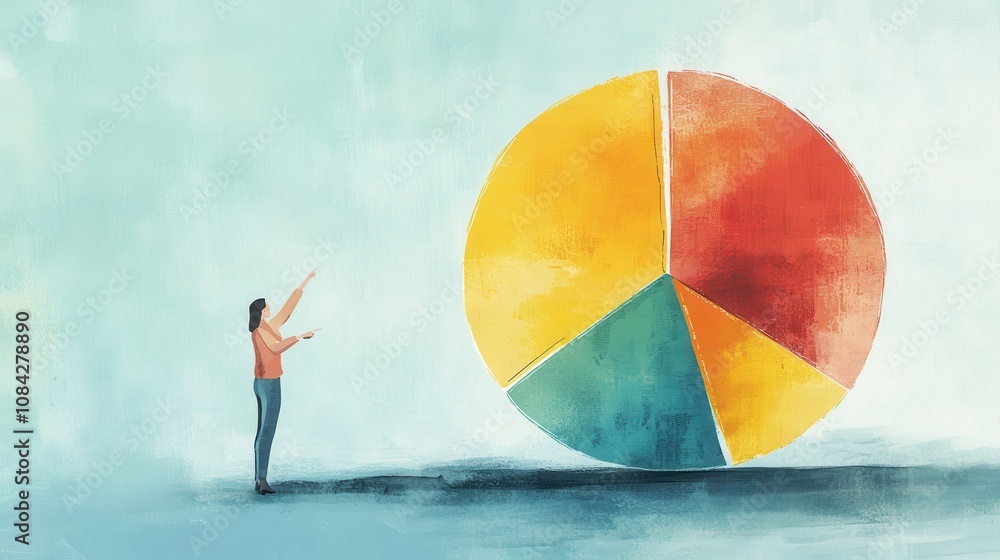 Aufkleber watercolor illustration of a person pointing at a large pie chart representing growth and data analy