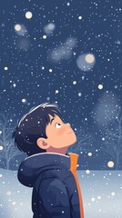 Naklejka premium A young boy in a winter jacket gazing at falling snow under a night sky. Concept of wonder and childhood curiosity.