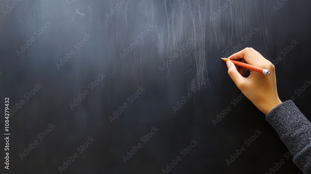 Aufkleber close-up of a student's hand writing on a chalkboard while copying class notes in a classroom settin