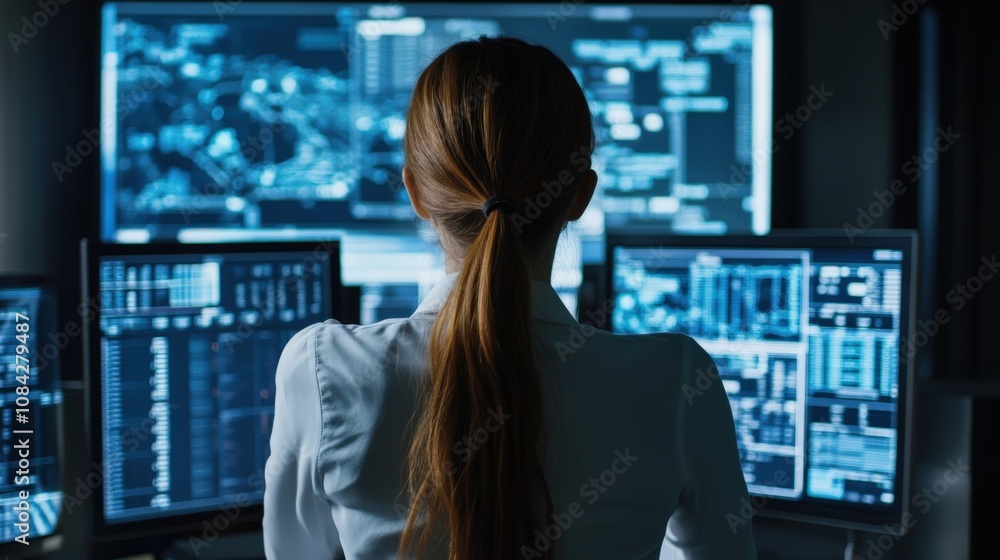 Poster woman facing multiple computer screens with blue data displays