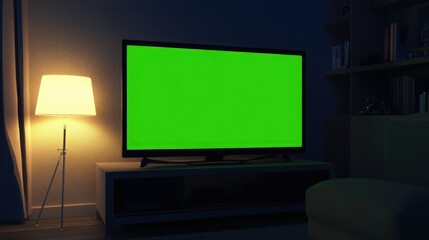 Fototapeta premium A green screen television is on a white stand in a dimly lit room