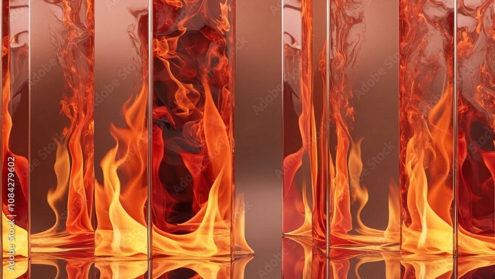 Poster abstract representation of vibrant flames reflecting on a textured glass surface, showcasing etherea