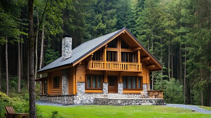 Obraz premium Classic wooden house with stone foundation, dense forest surroundings 