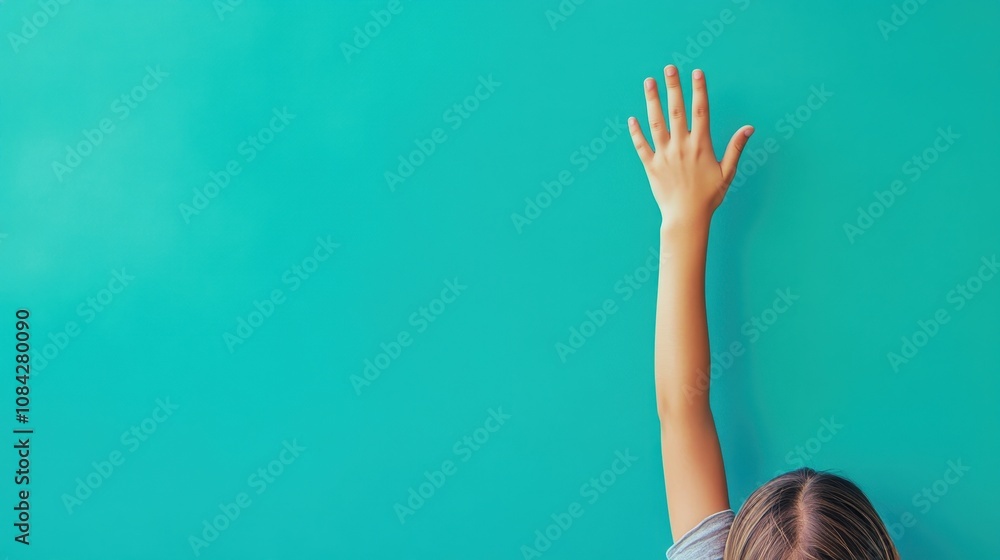 Poster student raising hand to ask question in classroom while paying attention to teacher in engaging lear