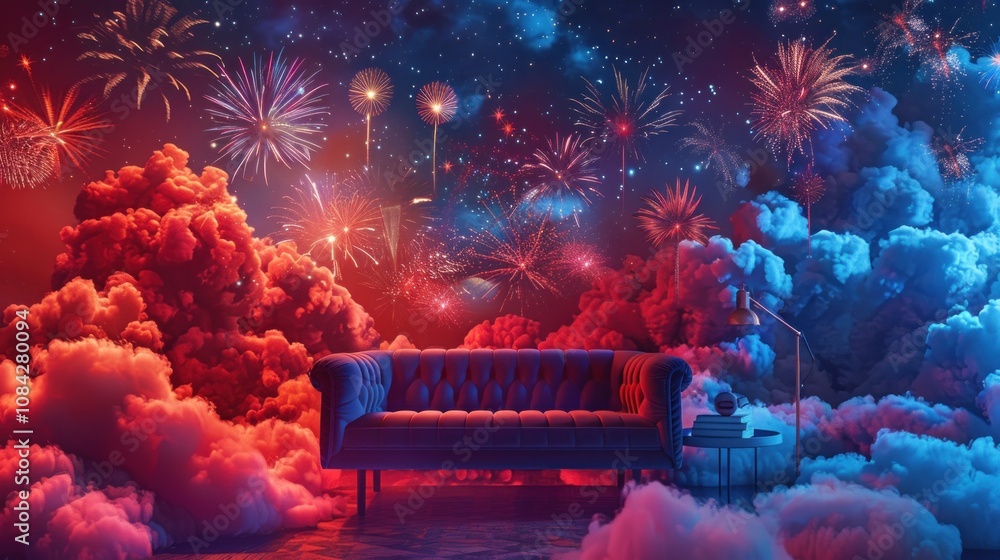 Poster a plush velvet sofa sits in a dreamlike setting of fluffy clouds illuminated by fireworks exploding 