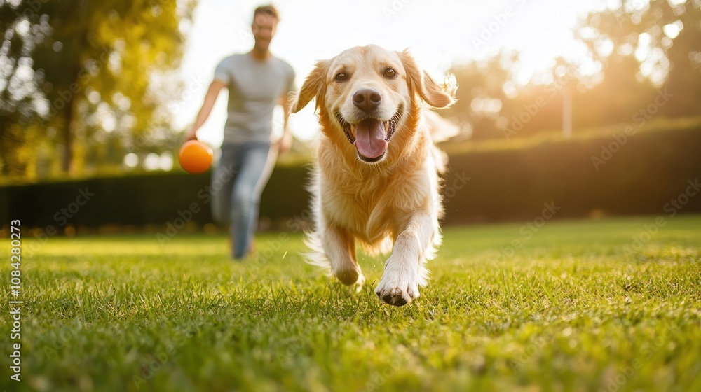 Poster Golden Retriever Dog Joyfully Running While Playing Fetch with Its Owner in a Sunny Park Setting