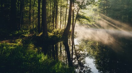 Obraz premium A forest with a stream of water and trees