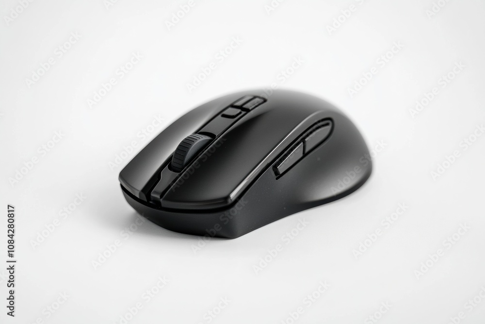 Poster A black computer mouse featuring various buttons and a scroll wheel is positioned on a clean white surface, ideal for daily computer use. Generative AI