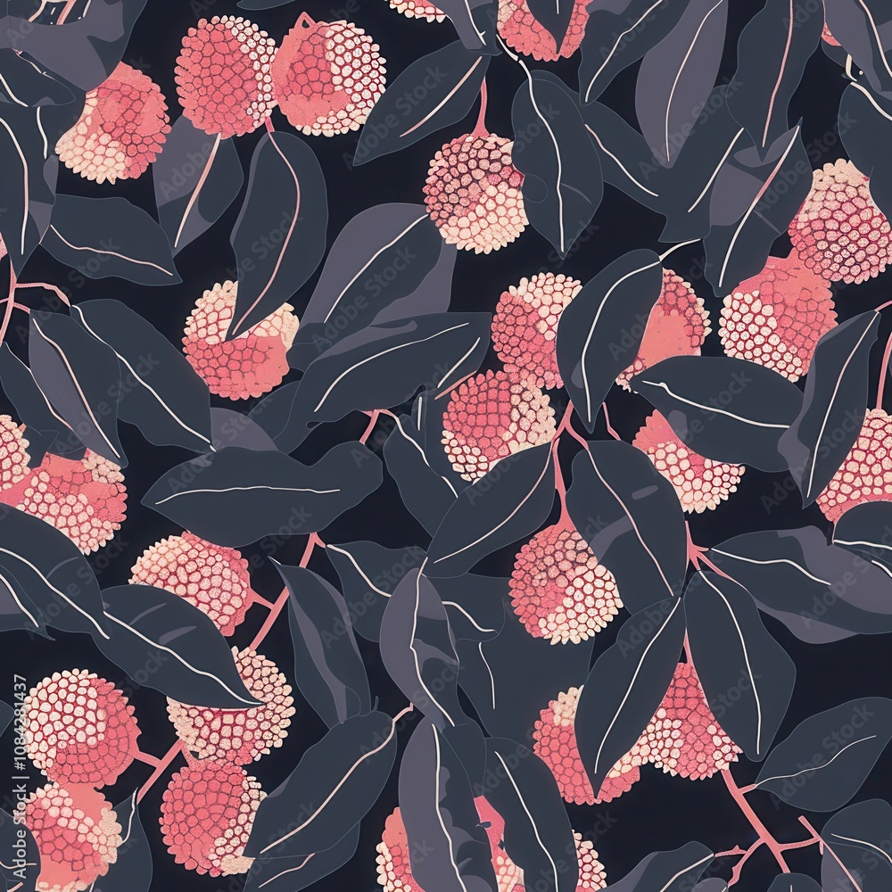 Aufkleber seamless minimal pattern featuring lychee fruits and green leaves on a dark background for fabric de