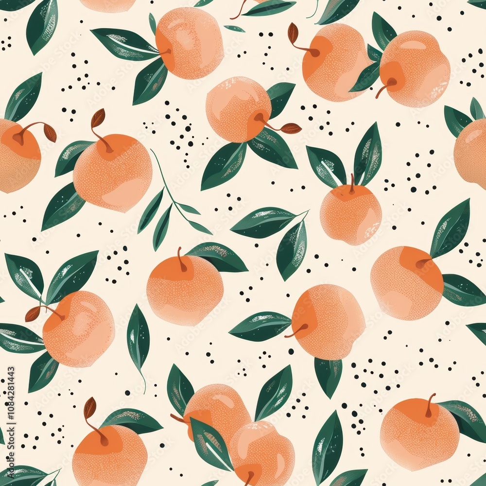 Poster seamless minimal pattern featuring nectarines and leaves on a light background ideal for fabric desi