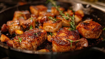 Fototapeta premium Savory Roasted Pork Chunks Seasoned with Spices and Garnished with Fresh Herbs, Perfectly Crisped Crackling Skin in a Cast Iron Skillet