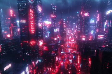 Fototapeta premium Spectacular night time in cyberpunk city of the futuristic fantasy world features skyscrapers, flying cars, and neon lights. Digital art 3D illustration. Acrylic painting.