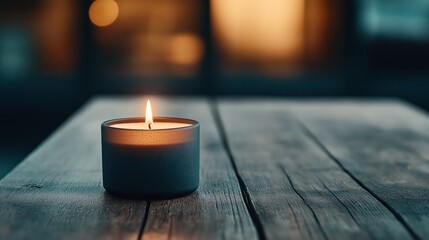 A single lit candle in a small container placed on a rustic wooden table with a blurred warm background, creating a calm and cozy atmosphere.