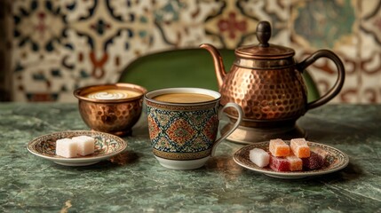 Artisanal Coffee Elegance Closeup of Decorated Porcelain Cup on Earth-Toned Moroccan Tile Background - Sophisticated, Cozy Cafe Scene