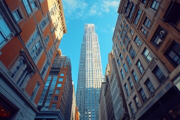 Tall Skyscraper with Glass Facade and Brick Buildings in City