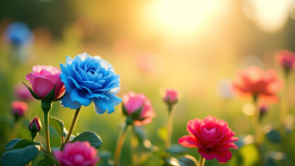 Obraz premium Blüten im Sonnenschein: Eine lebendige Szene, in der leuchtend blaue und rosa Rosen im Mittelpunkt stehen.