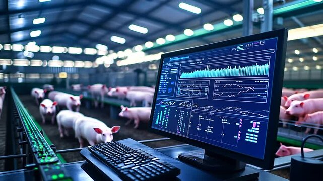 The sleek IoT dashboard in a modern pig farm displays data from smart sensors monitoring pig health, feed intake, and barn conditions, with a panoramic view of the automated farm i