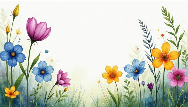 Centered copy space surrounded by vivid watercolor flowers: monkshood, hare&rsquo;s tail, fleeceflower, and burnet.