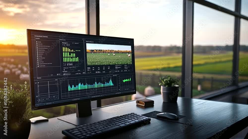Poster the sleek iot dashboard in a modern pig farm displays data from smart sensors monitoring pig health,
