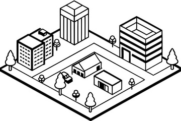 Obraz premium Isometric Vector of a Downtown Area Office Buildings, Shops, and Busy Streets Illustration