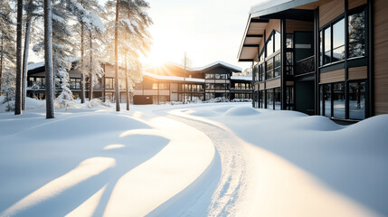 Fototapeta premium Modern buildings surrounded by snow-covered landscape and trees during a bright sunny winter day